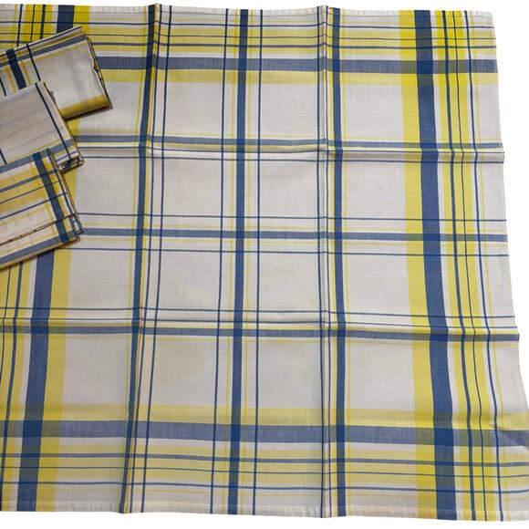 Cloth napkins set of 4 large squares cream blue yellow plaid print on cotton - Picture 6 of 6